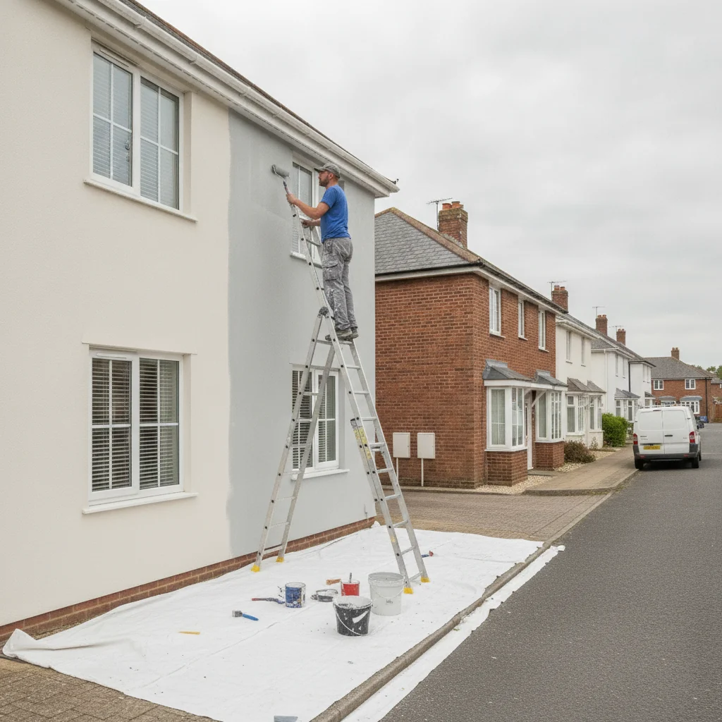 Exterior house painter painting a rendered UK home