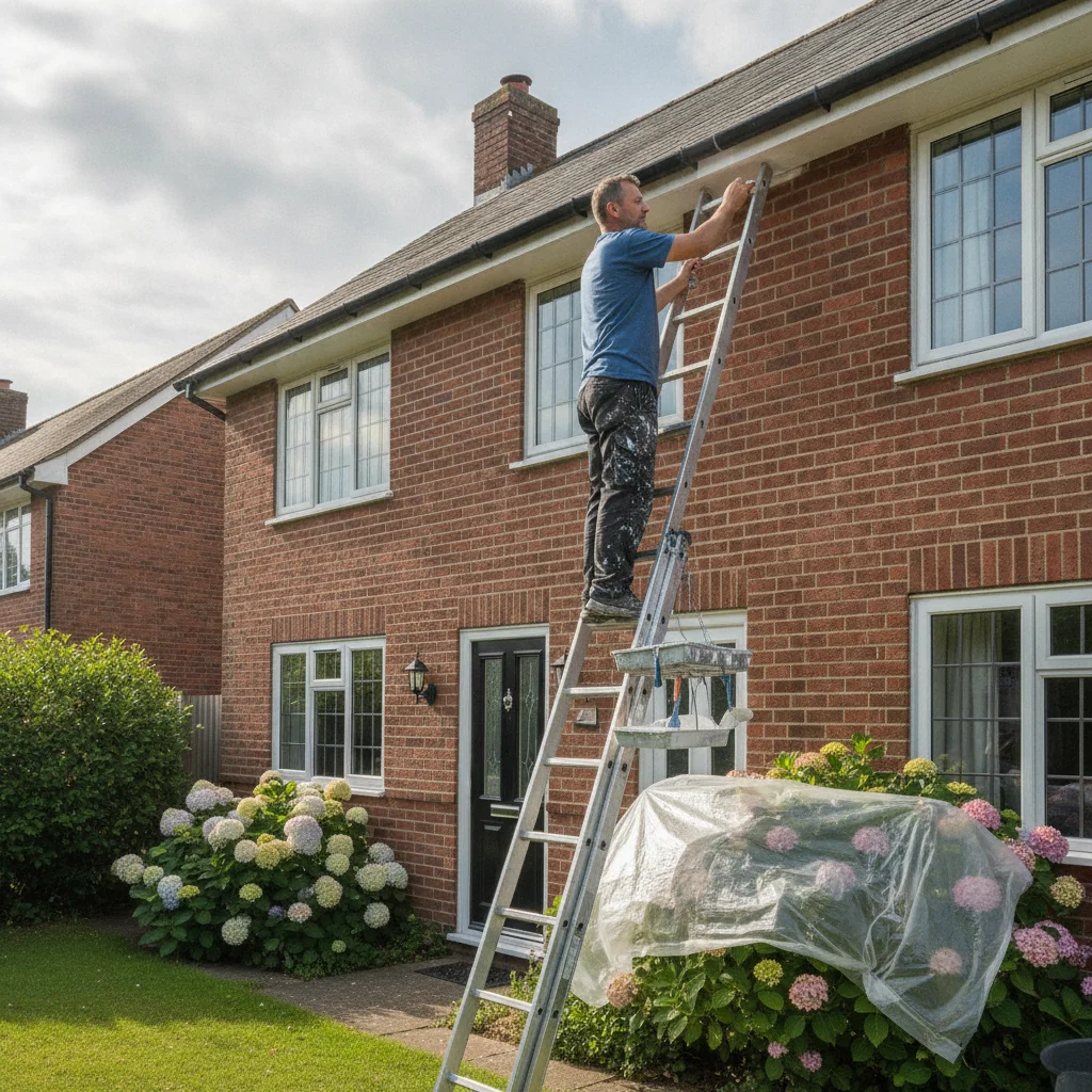Painter repainting fascia and soffit boards on a UK home