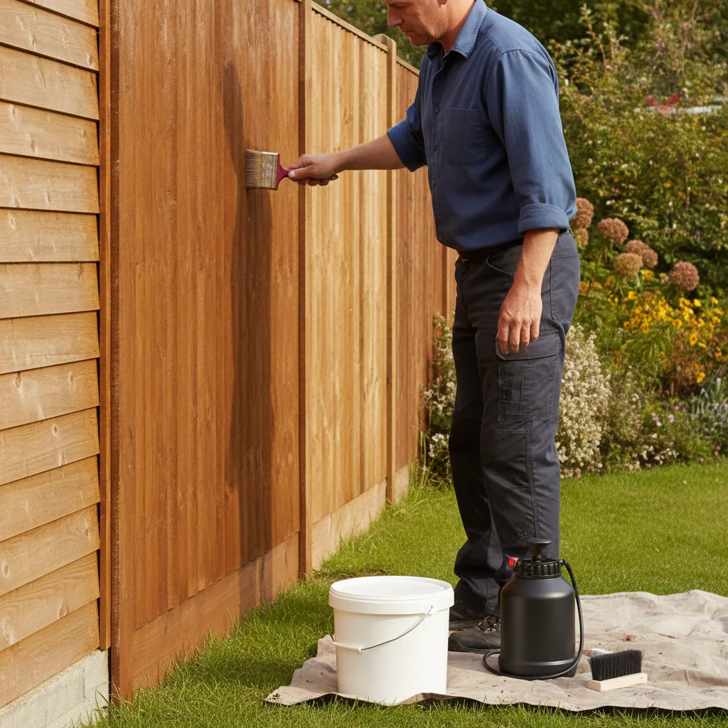 Tradesperson painting a garden fence with exterior wood stain