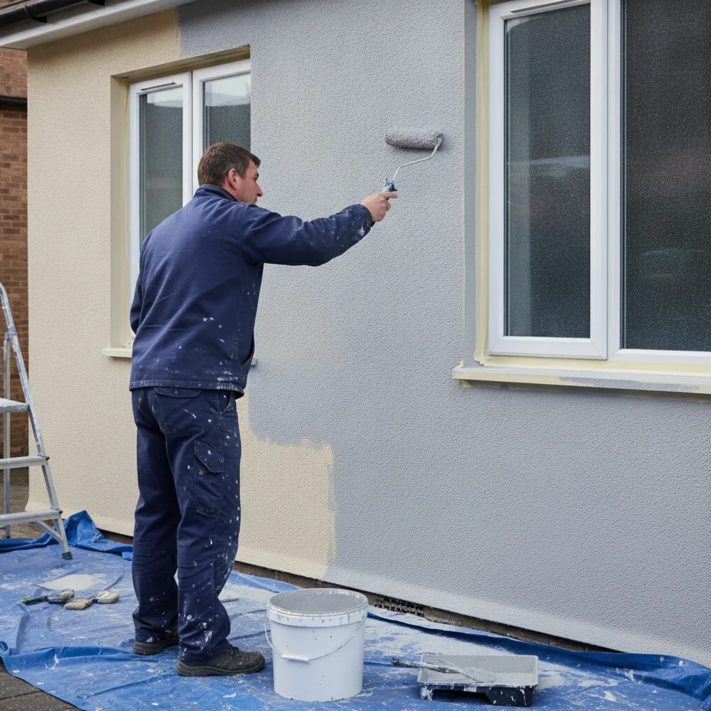 Masonry painter applying exterior wall paint