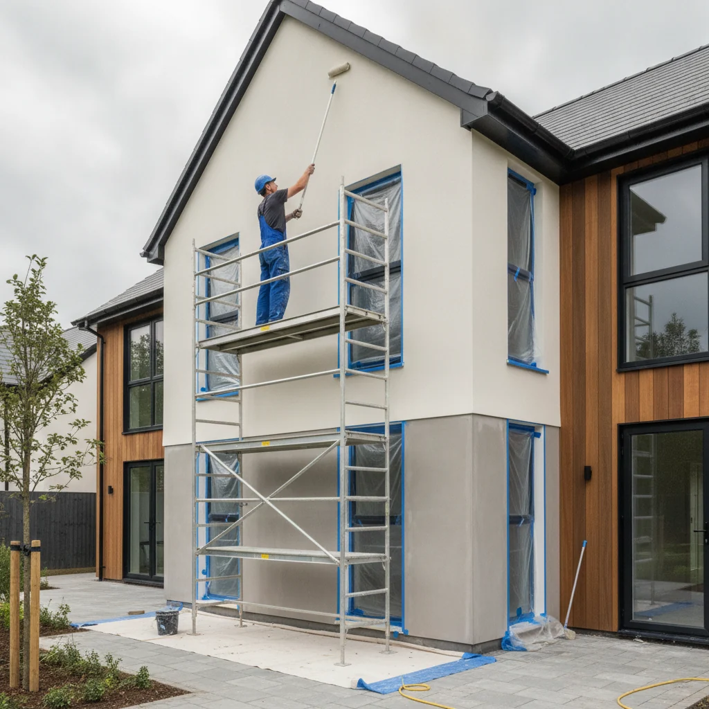Painter applying paint to rendered house exterior
