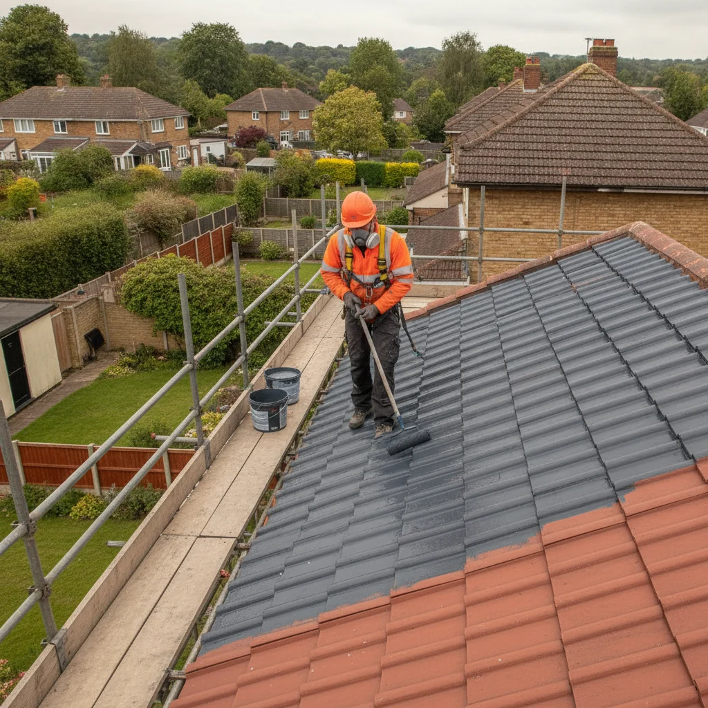 Roof painting specialist applying protective roof coating from scaffold