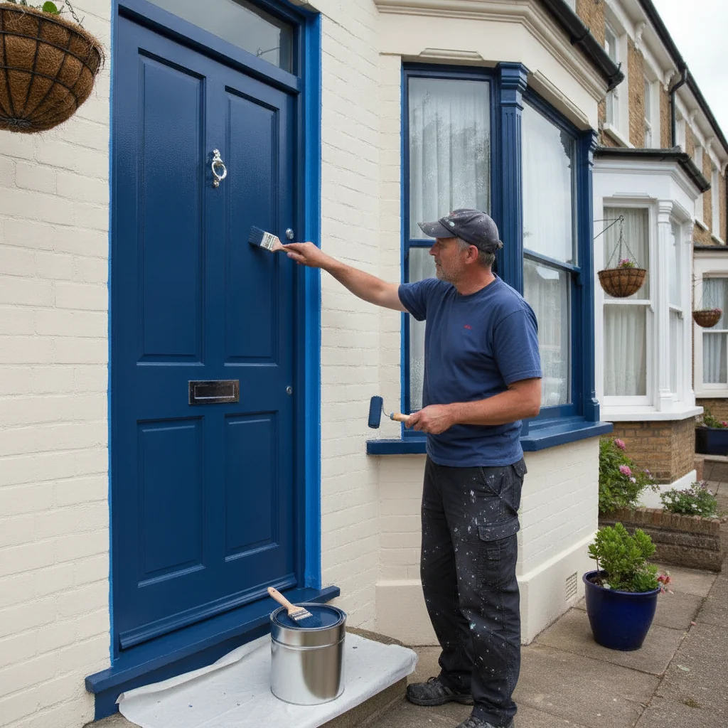 Decorator painting an exterior wooden door and window frame